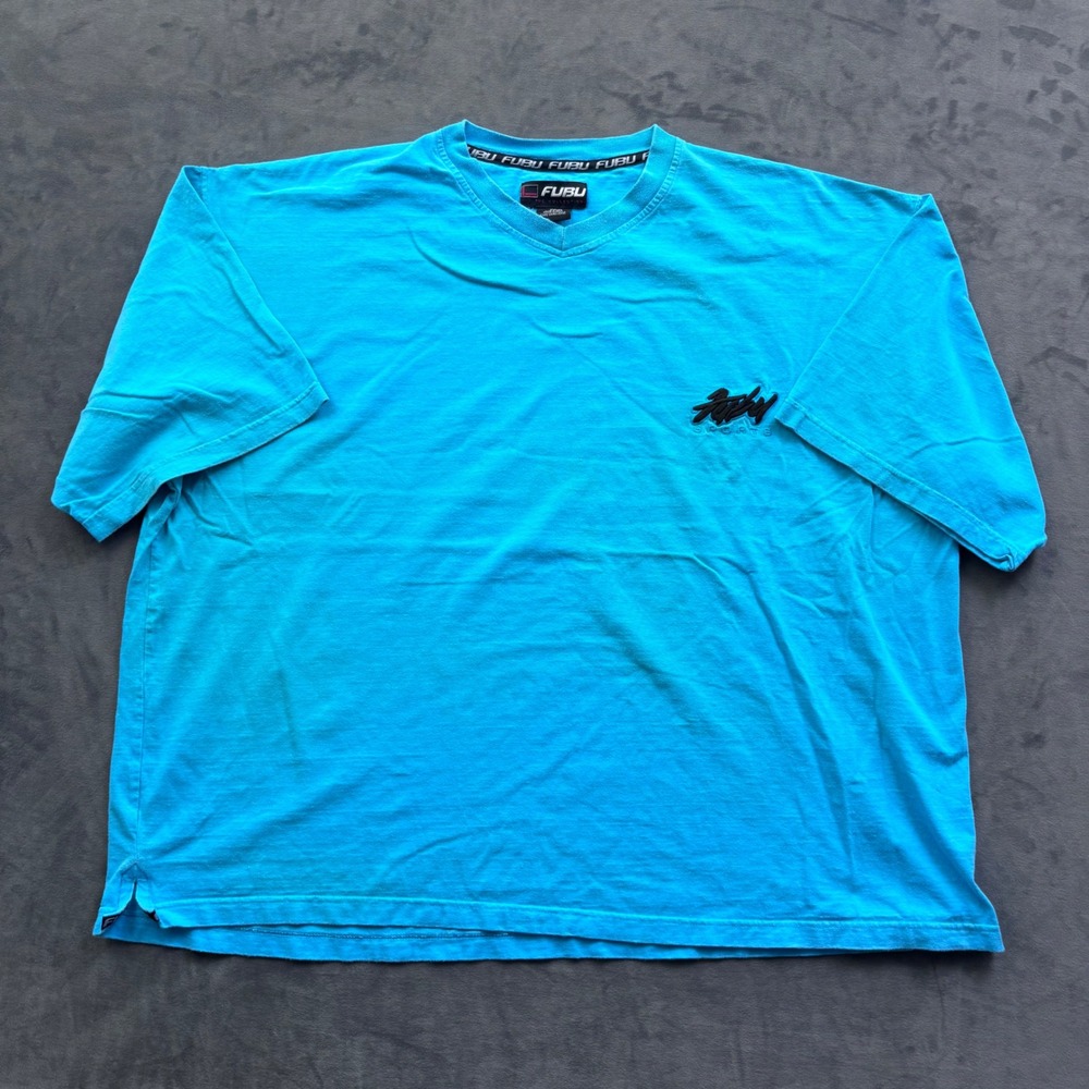 FUBU Sports Mens XXL Cyan Blue V-Neck Cotton T-Shirt Embroidered Logo Streetwear